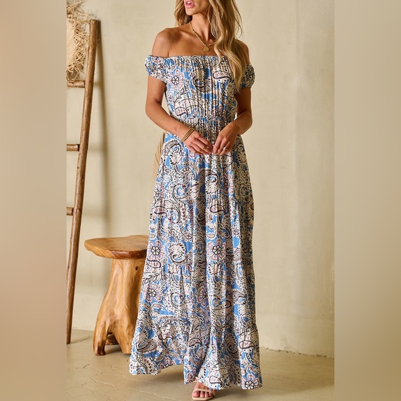 Blue Boho Paisley Print Off Shoulder Maxi Dress Bohemian Long Dress - Picture 9 of 15